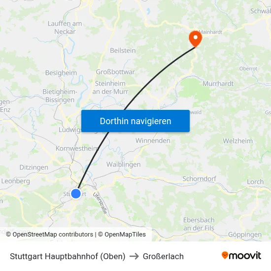 Stuttgart Hauptbahnhof (Oben) to Großerlach map