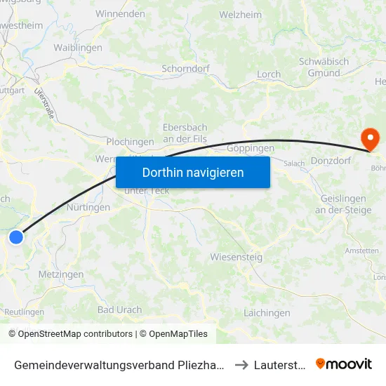 Gemeindeverwaltungsverband Pliezhausen to Lauterstein map