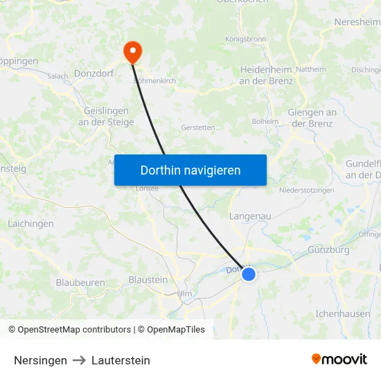 Nersingen to Lauterstein map