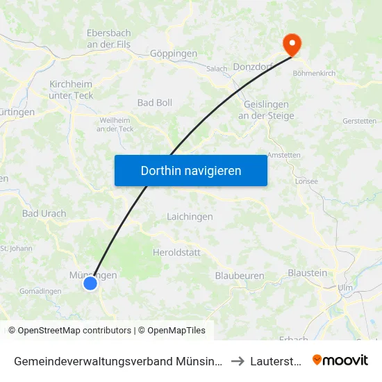 Gemeindeverwaltungsverband Münsingen to Lauterstein map