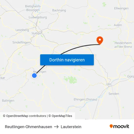 Reutlingen-Ohmenhausen to Lauterstein map
