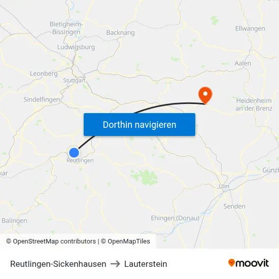 Reutlingen-Sickenhausen to Lauterstein map