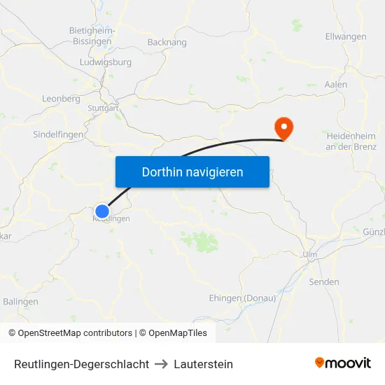 Reutlingen-Degerschlacht to Lauterstein map