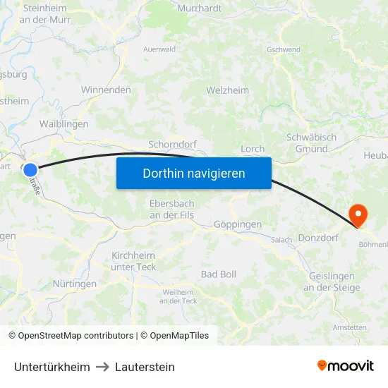 Untertürkheim to Lauterstein map