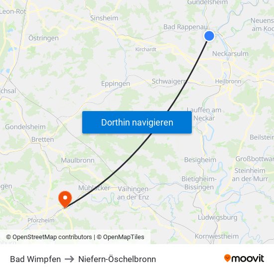 Bad Wimpfen to Niefern-Öschelbronn map