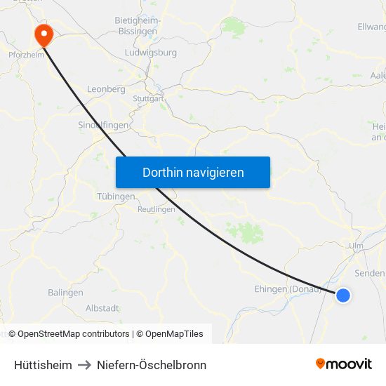 Hüttisheim to Niefern-Öschelbronn map