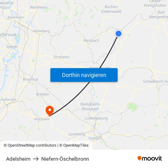 Adelsheim to Niefern-Öschelbronn map