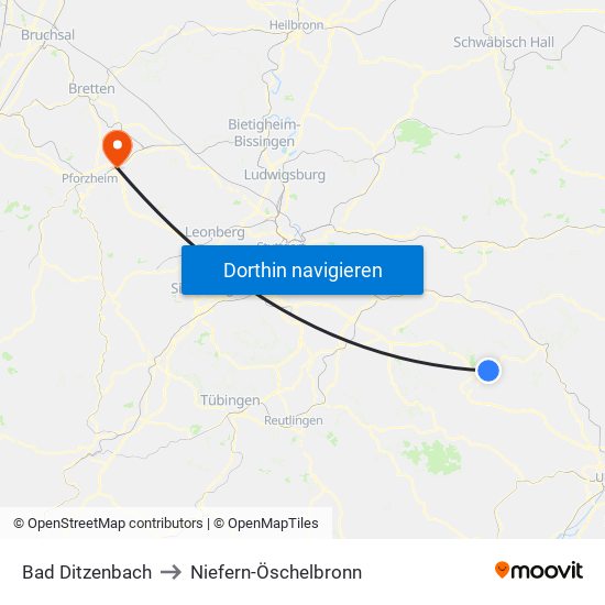 Bad Ditzenbach to Niefern-Öschelbronn map