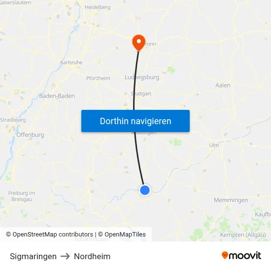 Sigmaringen to Nordheim map