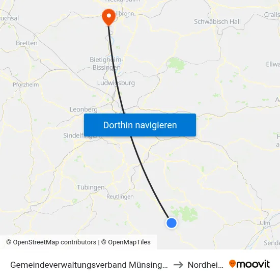 Gemeindeverwaltungsverband Münsingen to Nordheim map