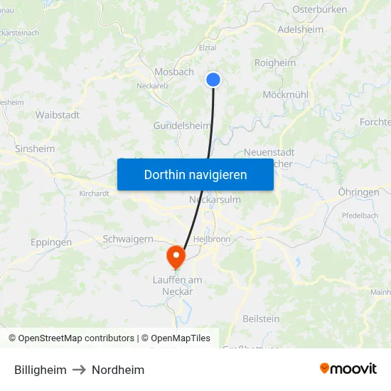 Billigheim to Nordheim map