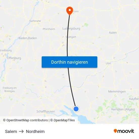 Salem to Nordheim map