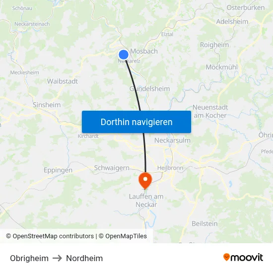 Obrigheim to Nordheim map