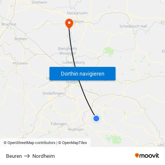 Beuren to Nordheim map