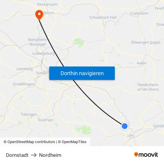 Dornstadt to Nordheim map