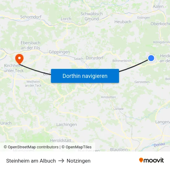 Steinheim am Albuch to Notzingen map
