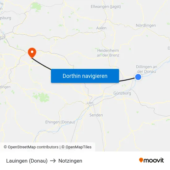 Lauingen (Donau) to Notzingen map