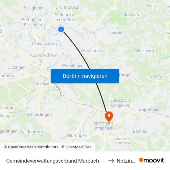 Gemeindeverwaltungsverband Marbach am Neckar to Notzingen map