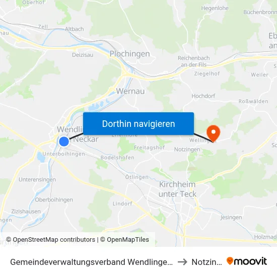 Gemeindeverwaltungsverband Wendlingen am Neckar to Notzingen map