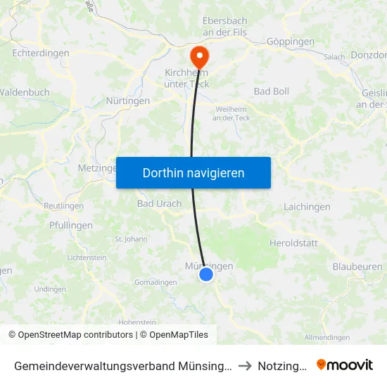 Gemeindeverwaltungsverband Münsingen to Notzingen map