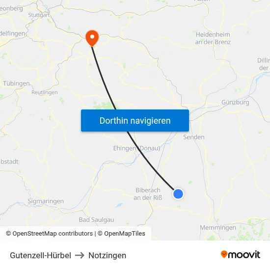 Gutenzell-Hürbel to Notzingen map