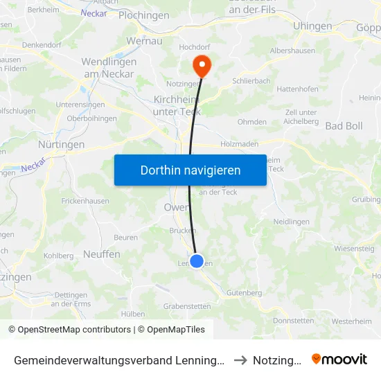 Gemeindeverwaltungsverband Lenningen to Notzingen map