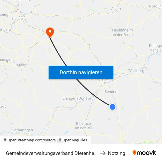Gemeindeverwaltungsverband Dietenheim to Notzingen map