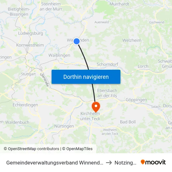 Gemeindeverwaltungsverband Winnenden to Notzingen map