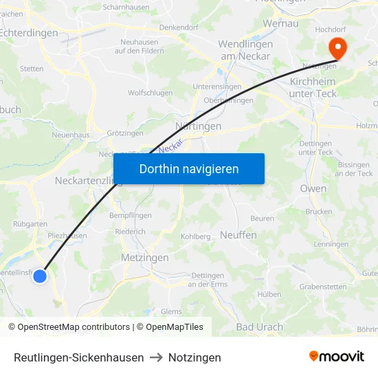 Reutlingen-Sickenhausen to Notzingen map
