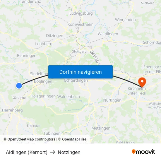 Aidlingen (Kernort) to Notzingen map