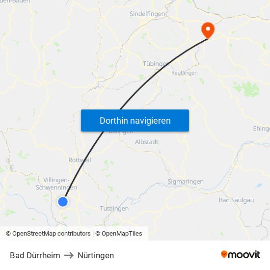 Bad Dürrheim to Nürtingen map