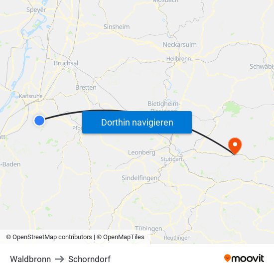 Waldbronn to Schorndorf map