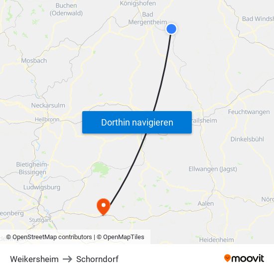 Weikersheim to Schorndorf map