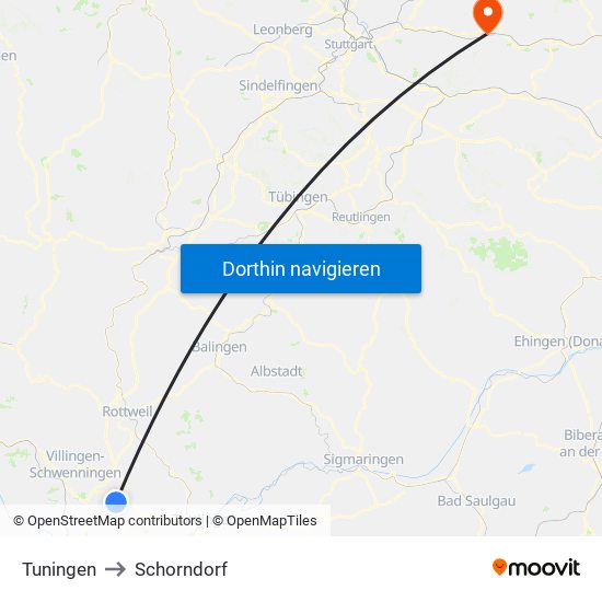 Tuningen to Schorndorf map