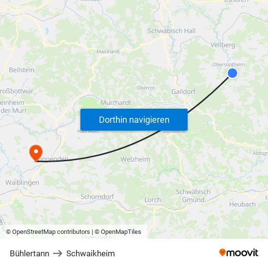 Bühlertann to Schwaikheim map