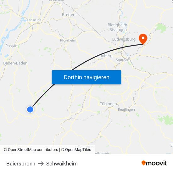 Baiersbronn to Schwaikheim map