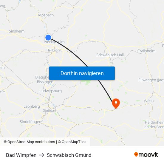 Bad Wimpfen to Schwäbisch Gmünd map
