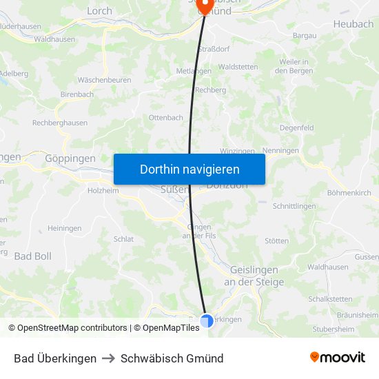 Bad Überkingen to Schwäbisch Gmünd map