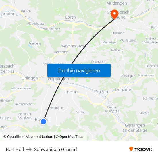 Bad Boll to Schwäbisch Gmünd map