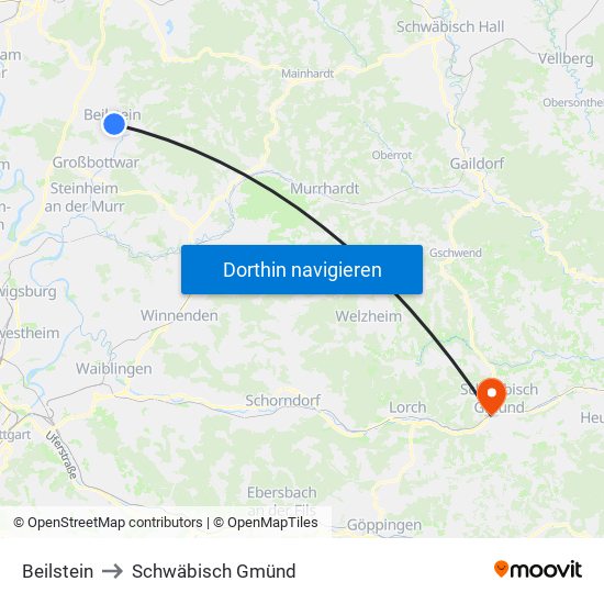Beilstein to Schwäbisch Gmünd map