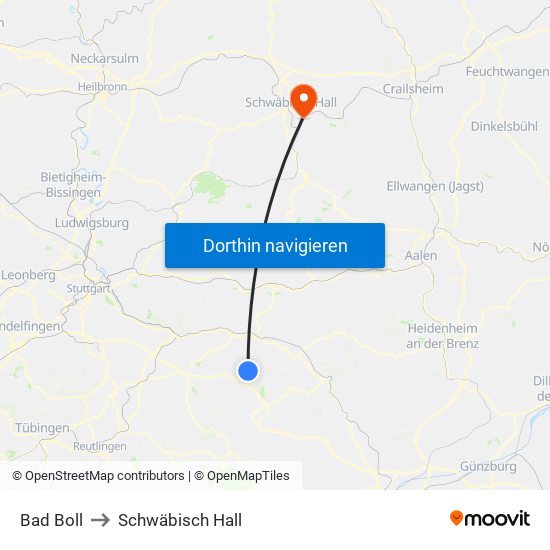 Bad Boll to Schwäbisch Hall map