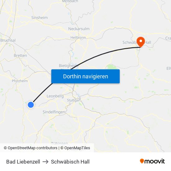 Bad Liebenzell to Schwäbisch Hall map
