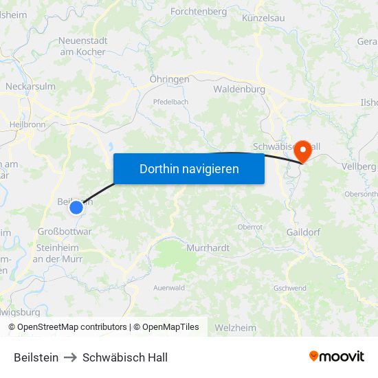 Beilstein to Schwäbisch Hall map