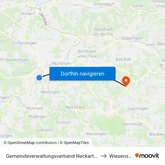 Gemeindeverwaltungsverband Neckartenzlingen to Wiesensteig map