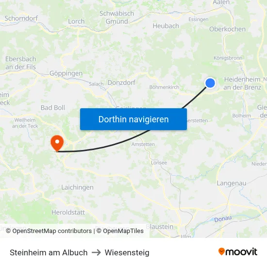 Steinheim am Albuch to Wiesensteig map