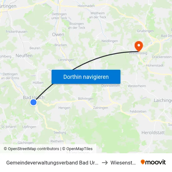 Gemeindeverwaltungsverband Bad Urach to Wiesensteig map