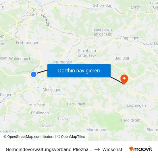 Gemeindeverwaltungsverband Pliezhausen to Wiesensteig map