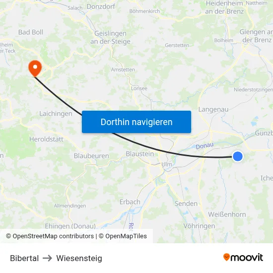 Bibertal to Wiesensteig map