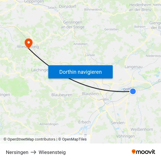 Nersingen to Wiesensteig map