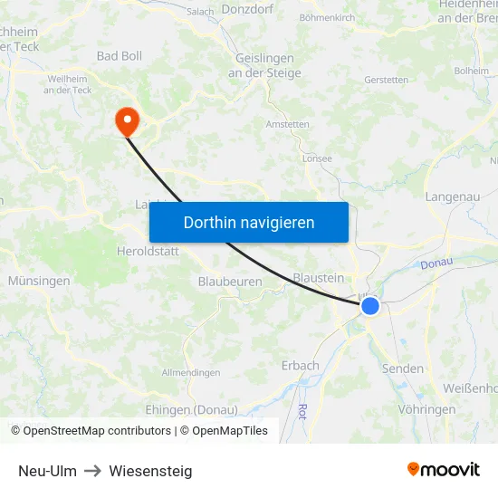 Neu-Ulm to Wiesensteig map